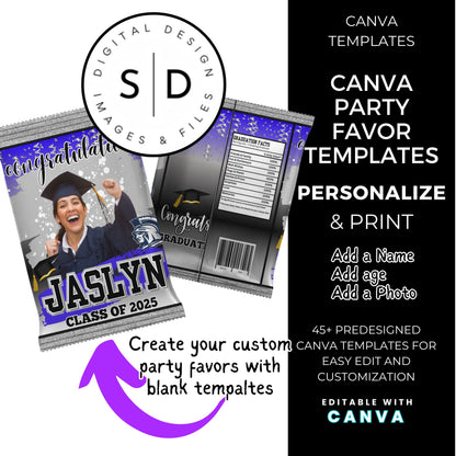 Class of 2025 Graduation Silver Party Favor Canva Template Bundle 🎓✨