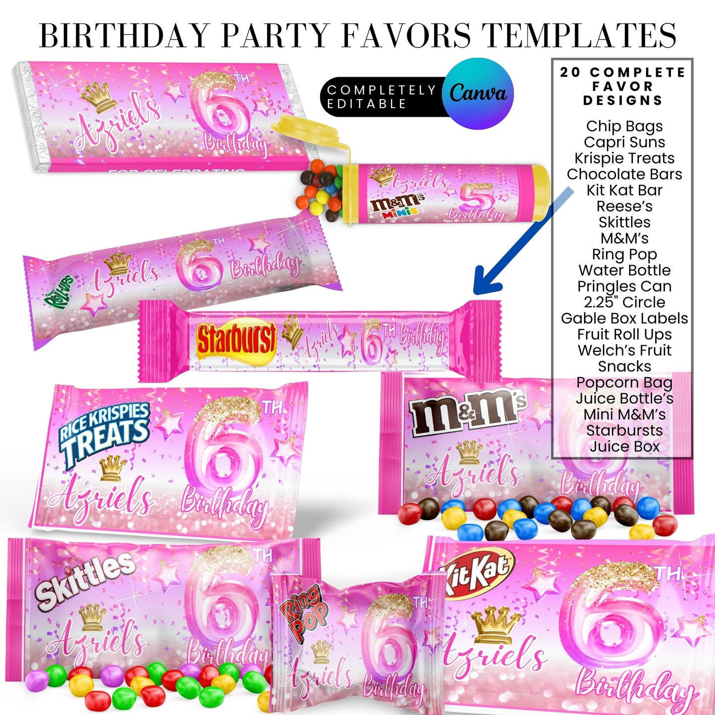 Pink Princess Glitter Birthday Party Favor Templates Bundle