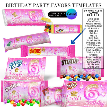 Pink Princess Glitter Birthday Party Favor Templates Bundle