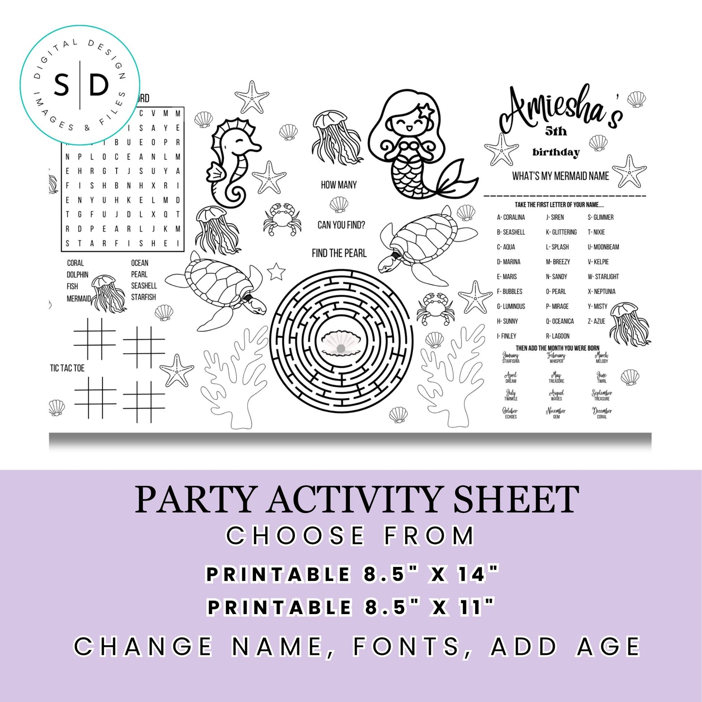 Mermaid Birthday Party Activity Sheet – Editable Canva Template