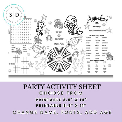 Mermaid Birthday Party Activity Sheet – Editable Canva Template