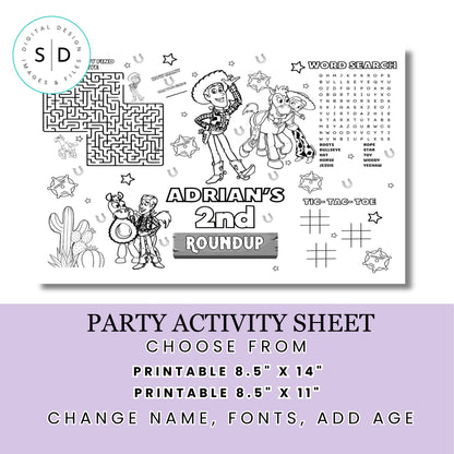 Toy Cowboy Birthday Activity Sheet – Editable Canva Template