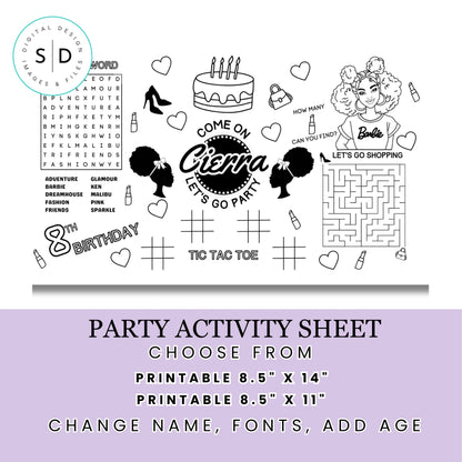 Afro Puff Fashion Doll Birthday Party Activity Sheet