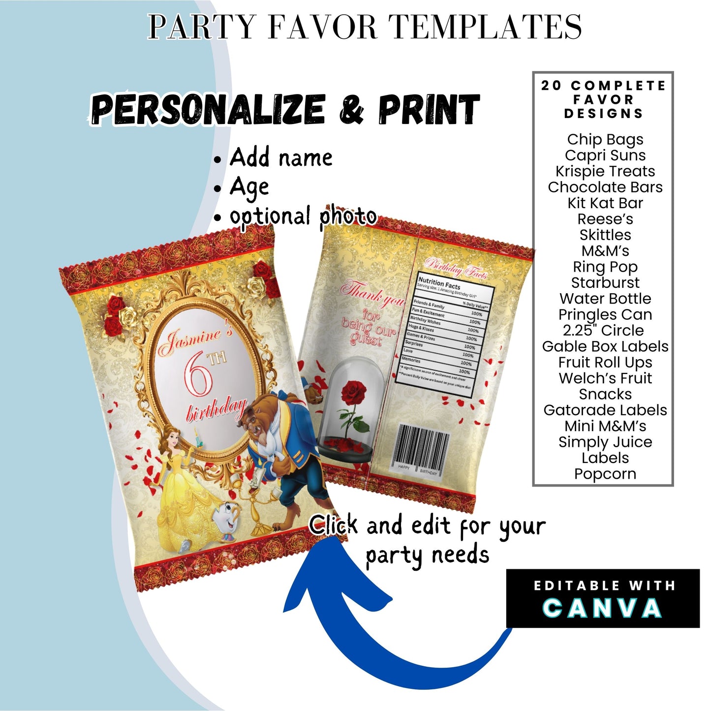 Be Our Guest Belle Party Favor Templates Bundle