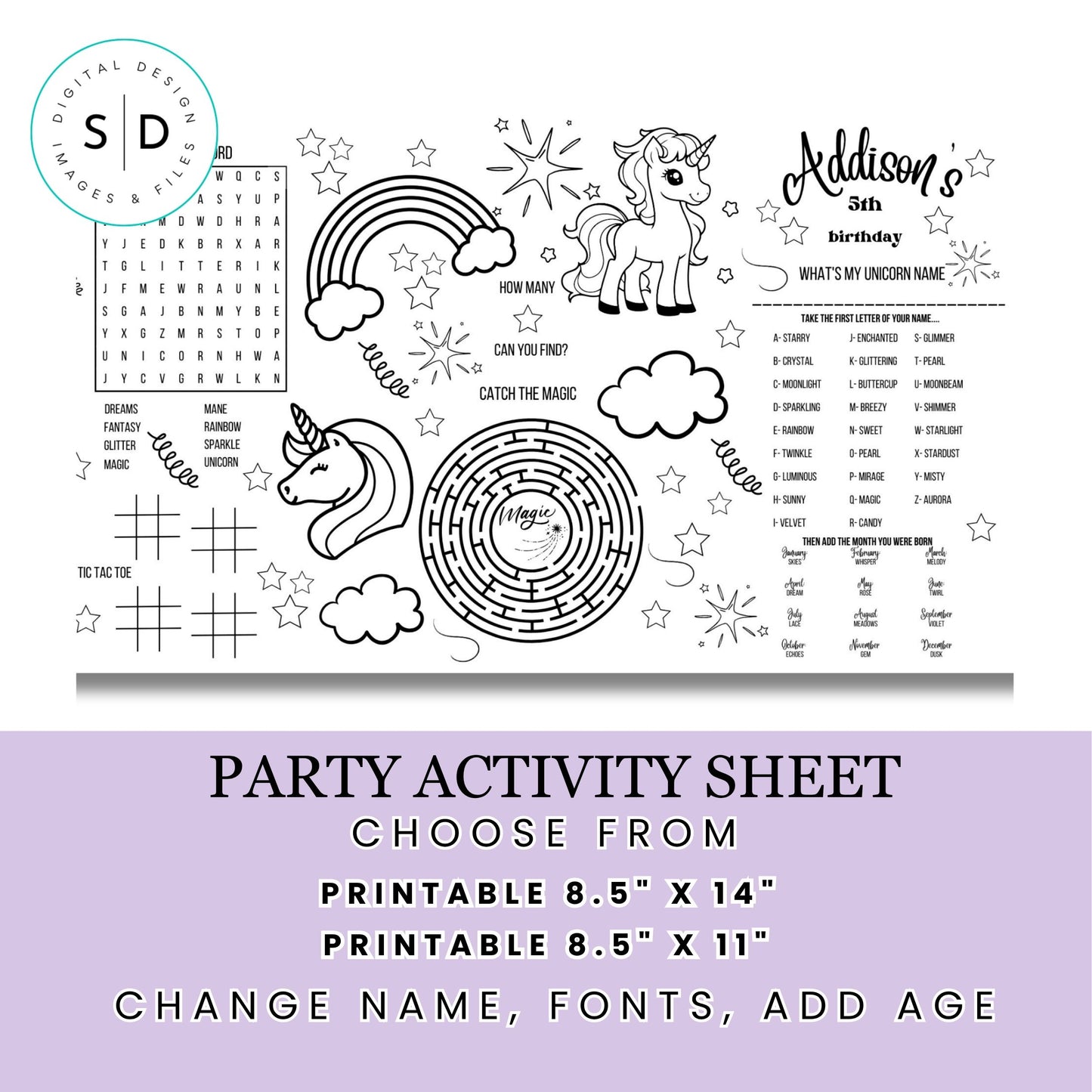 Magical Unicorn Party Activity Sheet
