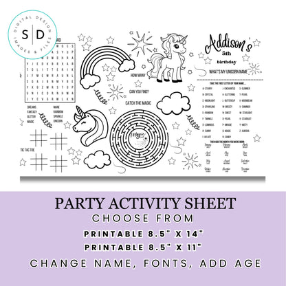 Magical Unicorn Party Activity Sheet