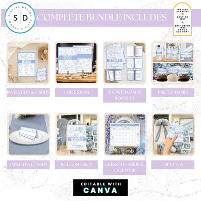 🦁 Safari Toile de Jouy Baby Shower Bundle – Dusty Blue Edition