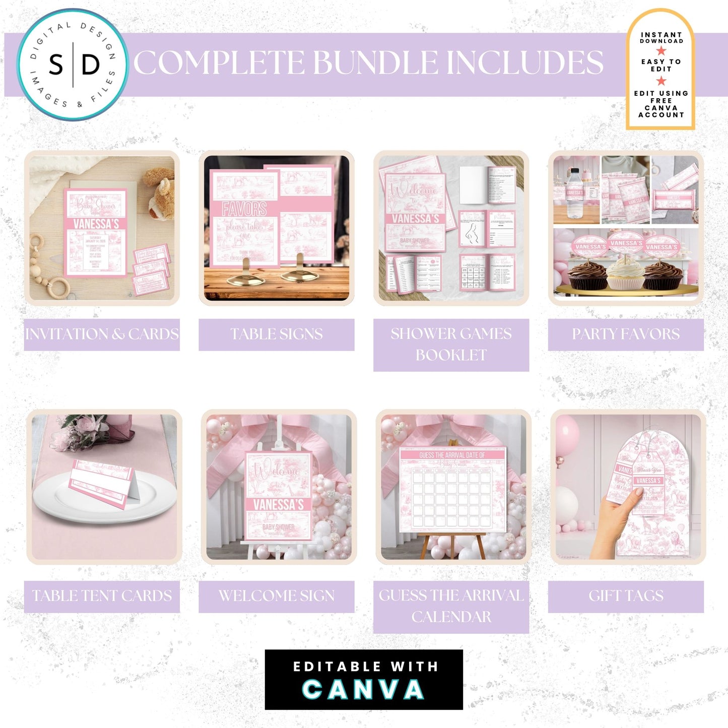 🌸 Safari Toile de Jouy Baby Shower Bundle – Editable Canva Templates 🌸