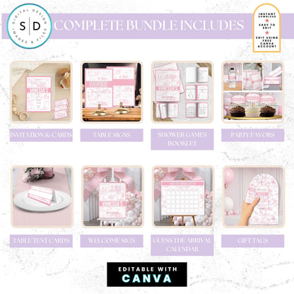🌸 Safari Toile de Jouy Baby Shower Bundle – Editable Canva Templates 🌸