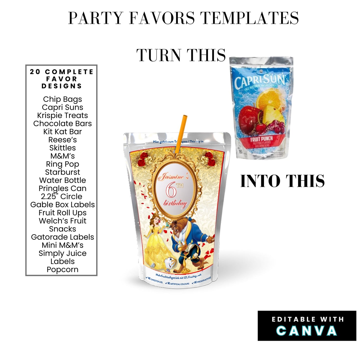 Be Our Guest Belle Party Favor Templates Bundle