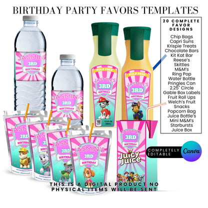 Pink Puppy Patrol Birthday Party Favor Templates Bundle