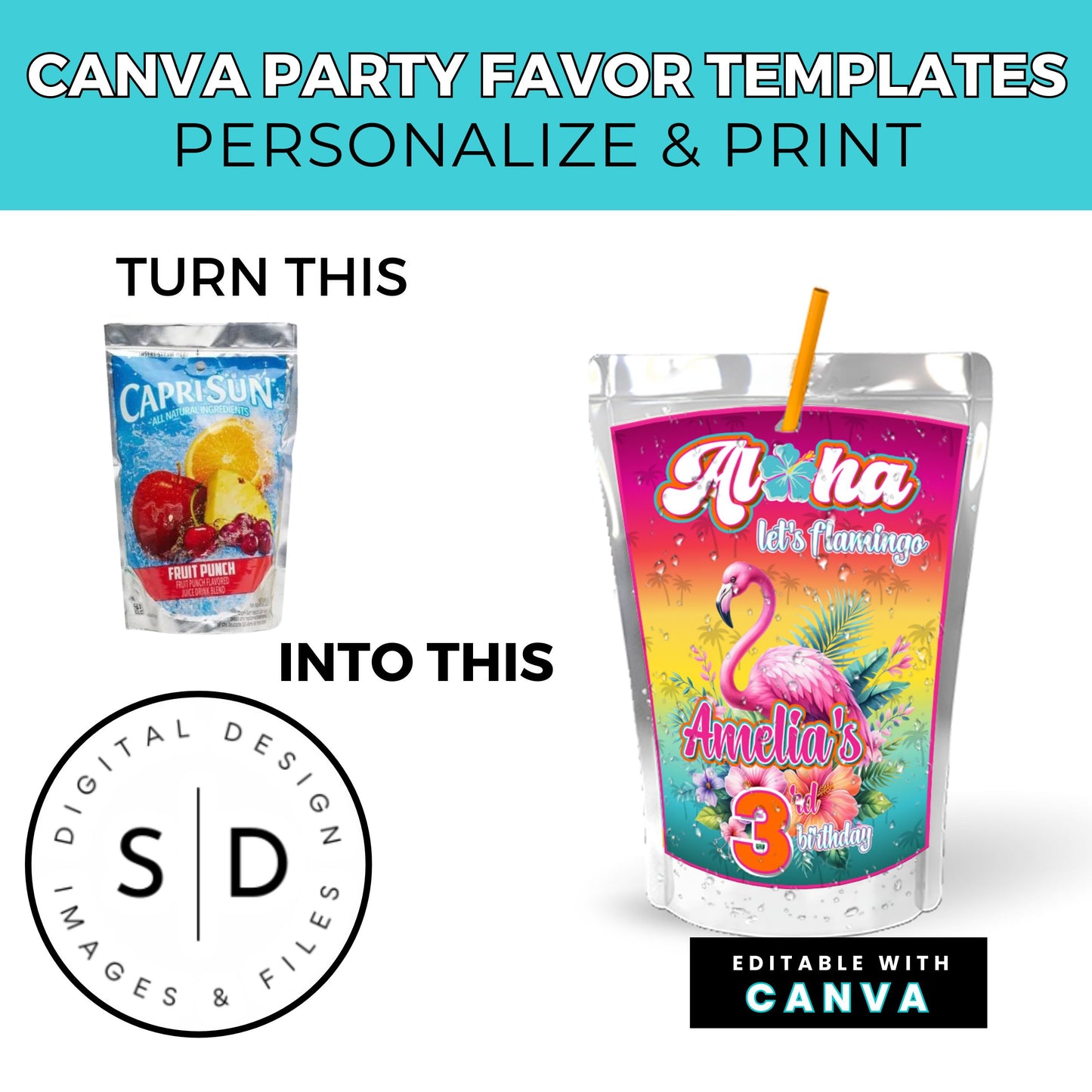 Aloha Let's Flamingo Birthday Party Favor Templates Bundle