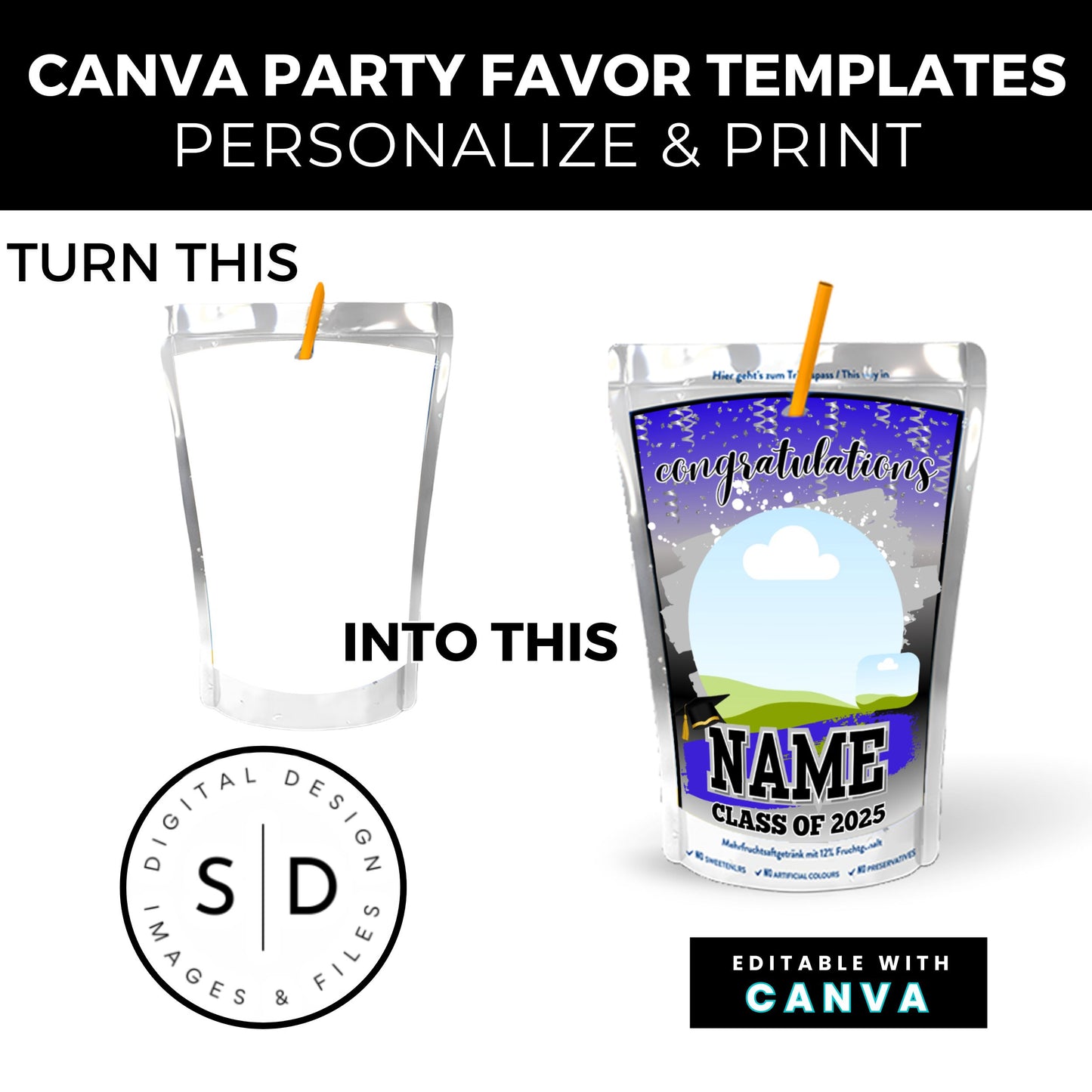 Class of 2025 Graduation Silver Party Favor Canva Template Bundle 🎓✨