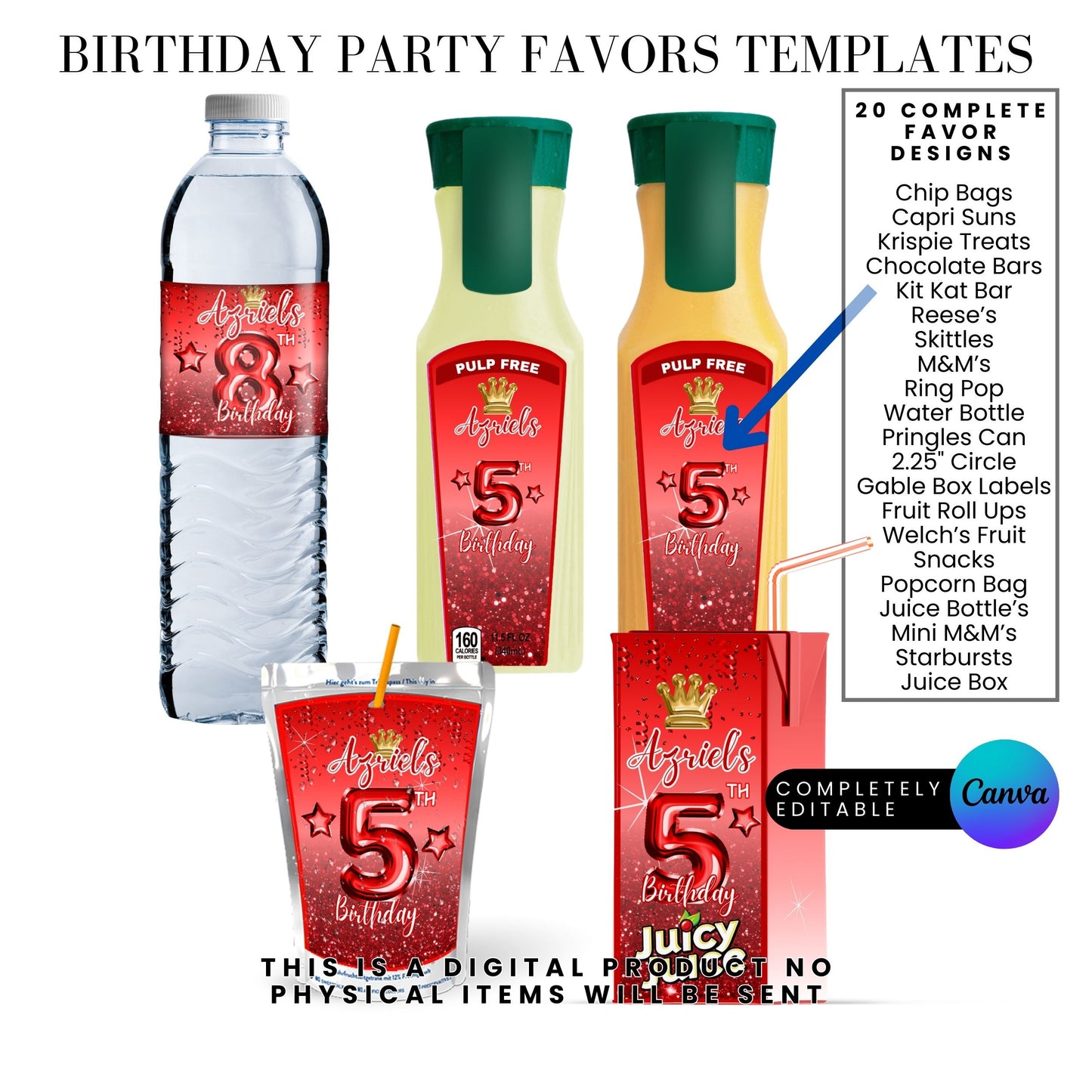 Red Princess Glitter Birthday Party Favor Templates Bundle