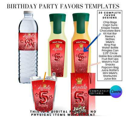 Red Princess Glitter Birthday Party Favor Templates Bundle