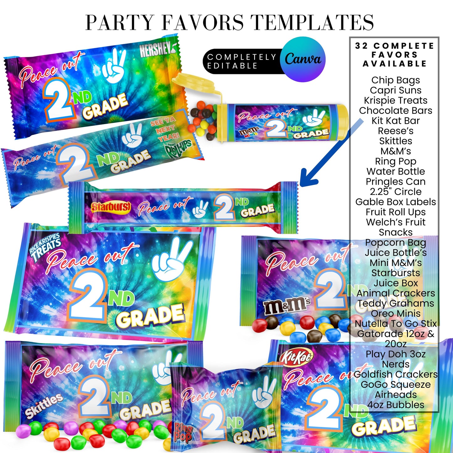 End of School Year Tie Dye Treat Wrapper Canva Templates Bundle