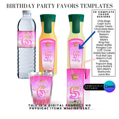 Pink Princess Glitter Birthday Party Favor Templates Bundle