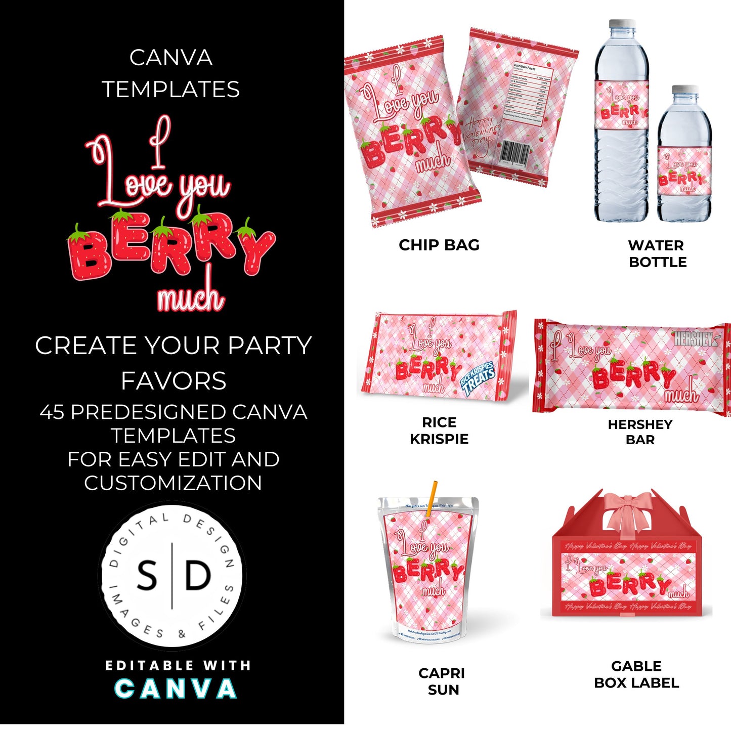 I Love You Berry Much Party Favor Canva Template Bundle