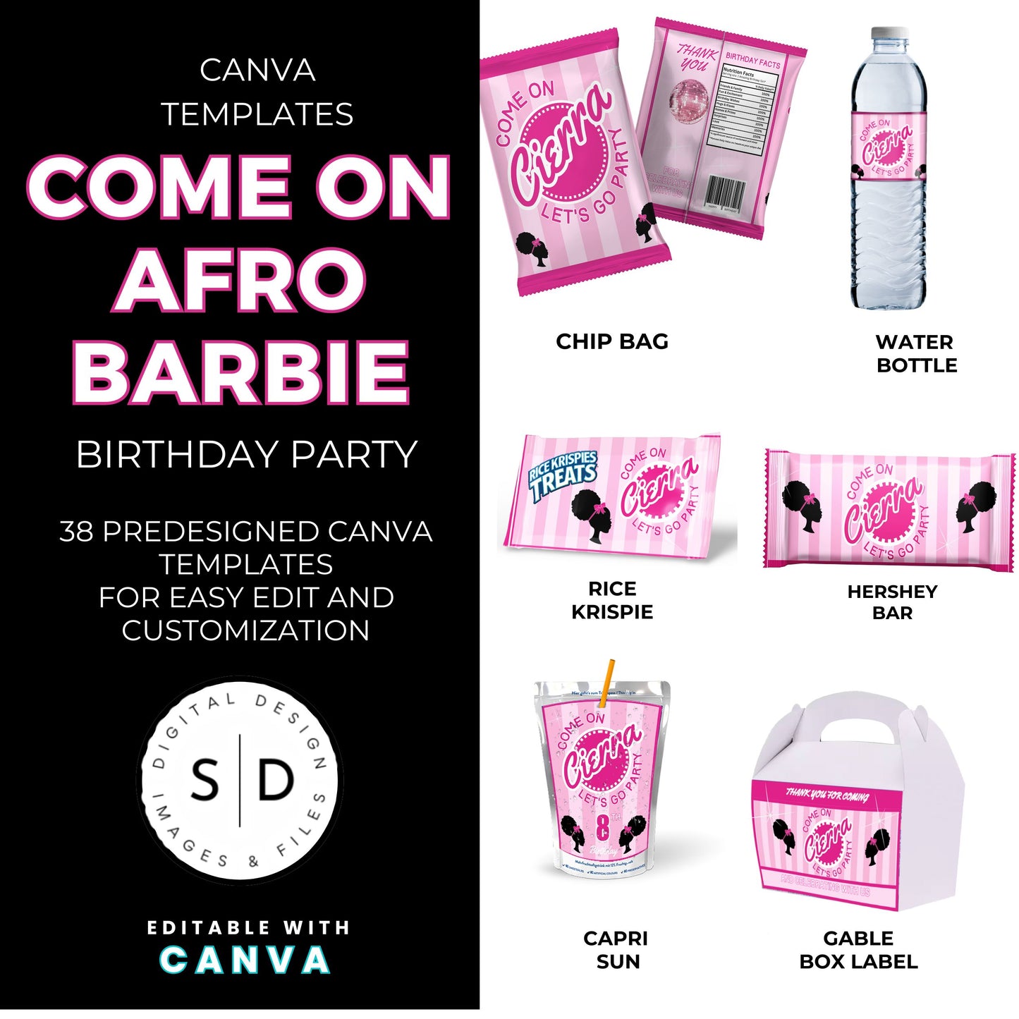 Come On Afro Barbie Birthday Party Favor Templates