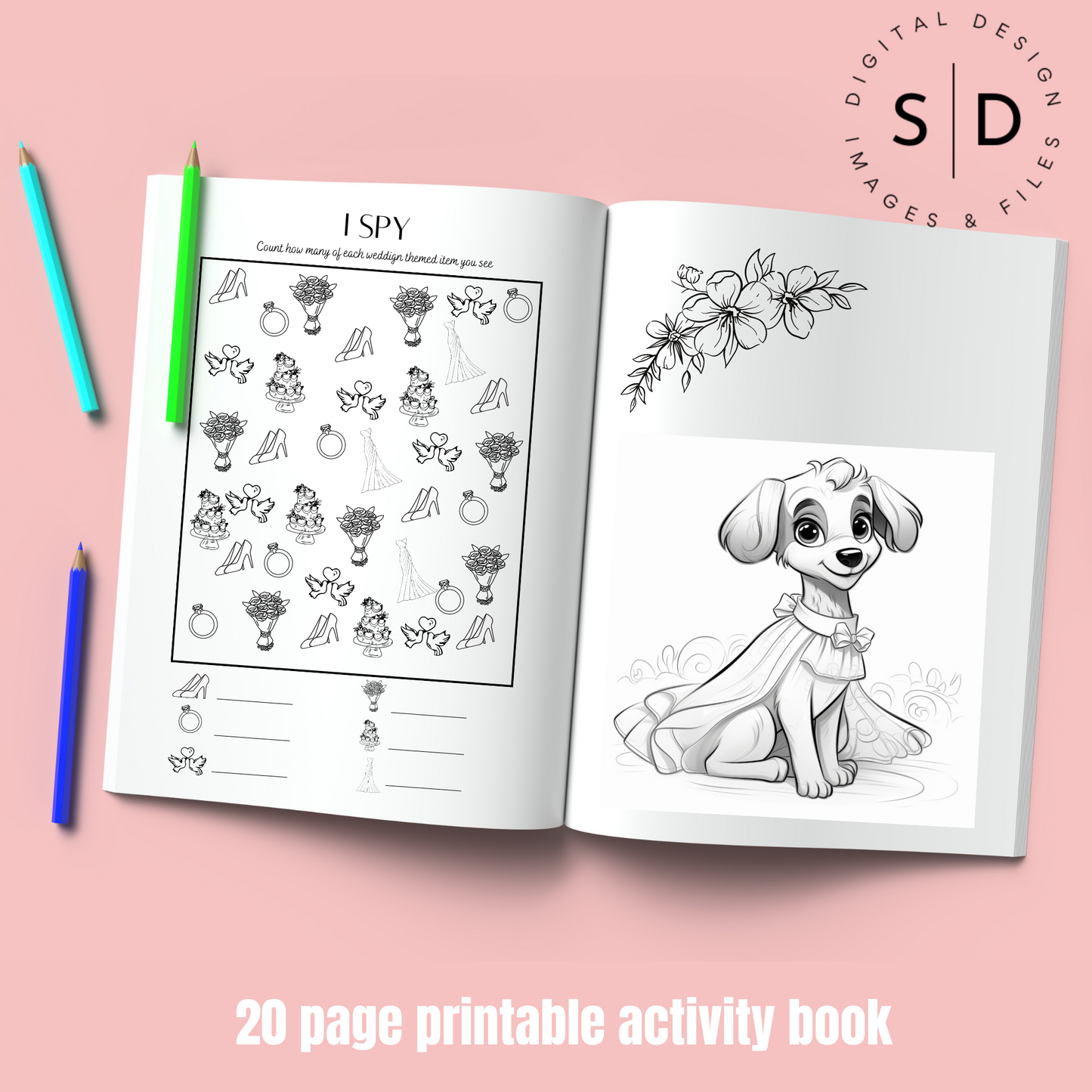 Kids Puppy Themed Wedding Activity Coloring book