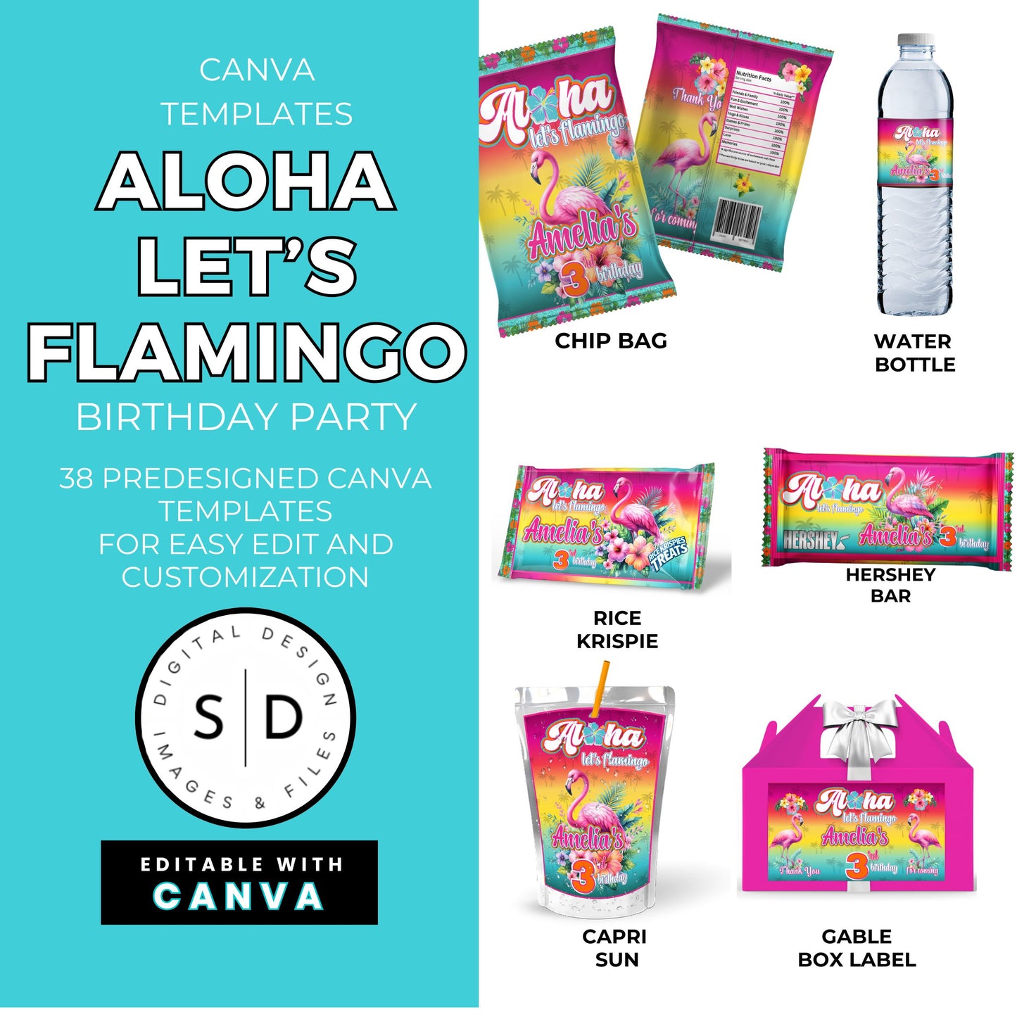 Aloha Let's Flamingo Birthday Party Favor Templates Bundle