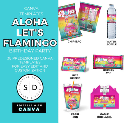 Aloha Let's Flamingo Birthday Party Favor Templates Bundle