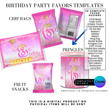 Pink Princess Glitter Birthday Party Favor Templates Bundle