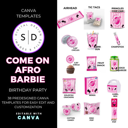 Come On Afro Barbie Birthday Party Favor Templates