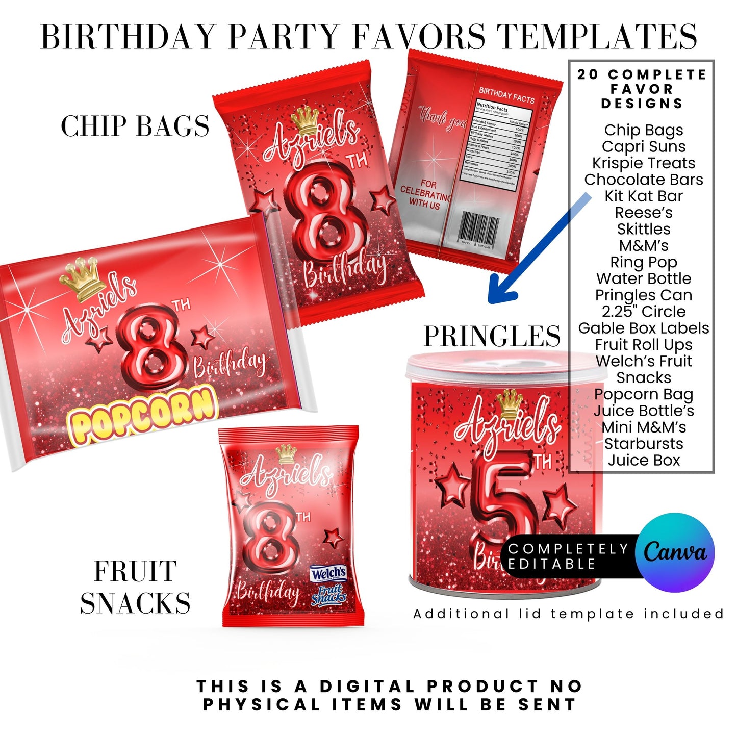 Red Princess Glitter Birthday Party Favor Templates Bundle