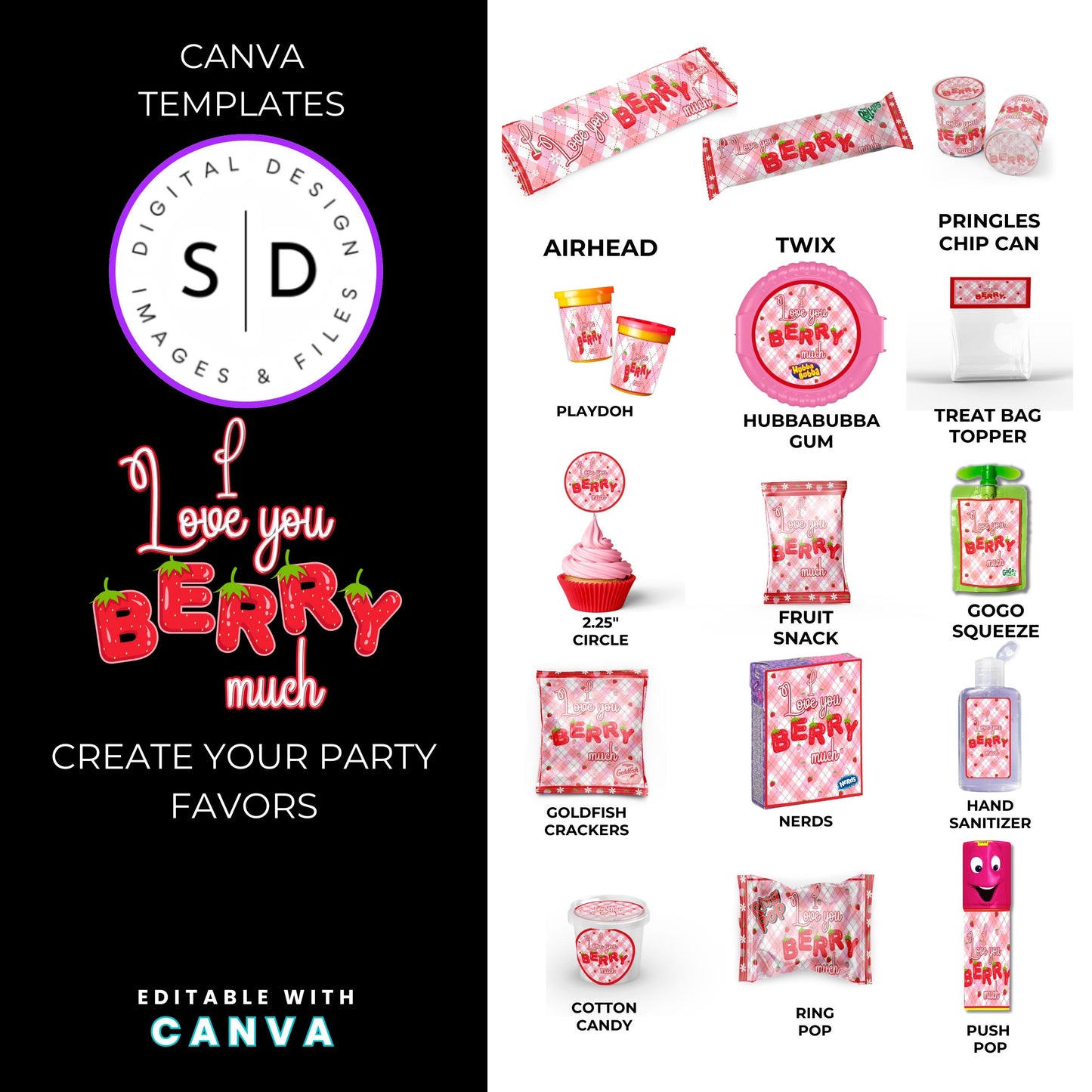 I Love You Berry Much Party Favor Canva Template Bundle