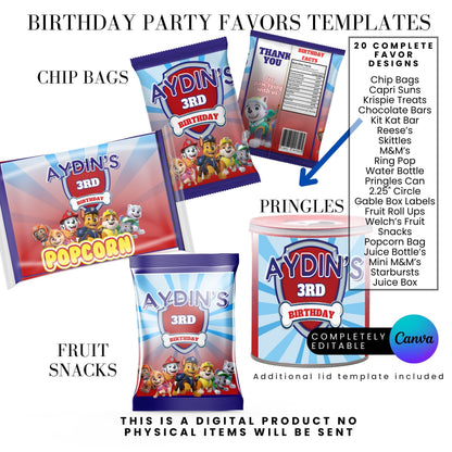 Blue Puppy Patrol Birthday Party Favor Templates Bundle