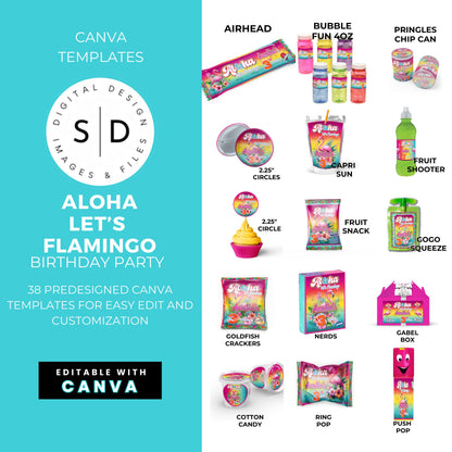 Aloha Let's Flamingo Birthday Party Favor Templates Bundle