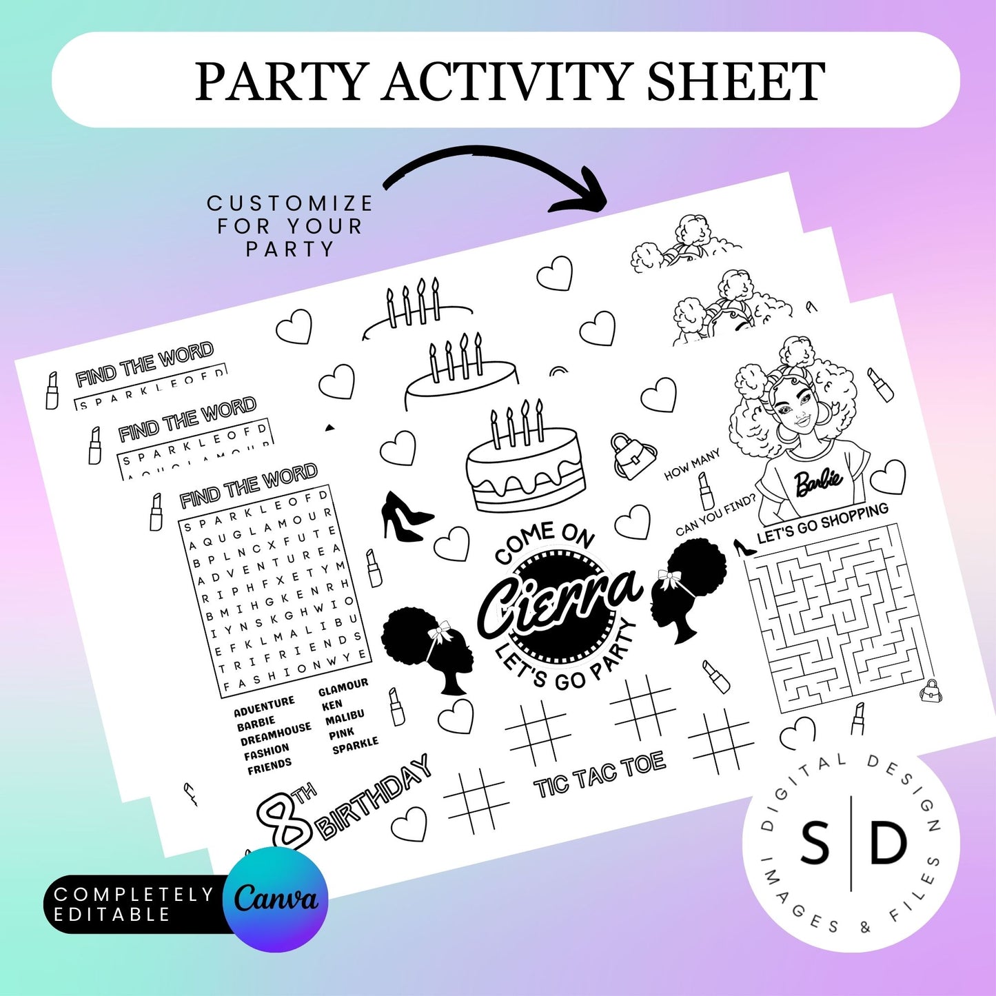 Afro Puff Fashion Doll Birthday Party Activity Sheet
