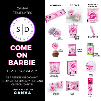 Come On Barbie Birthday Party Favor Templates