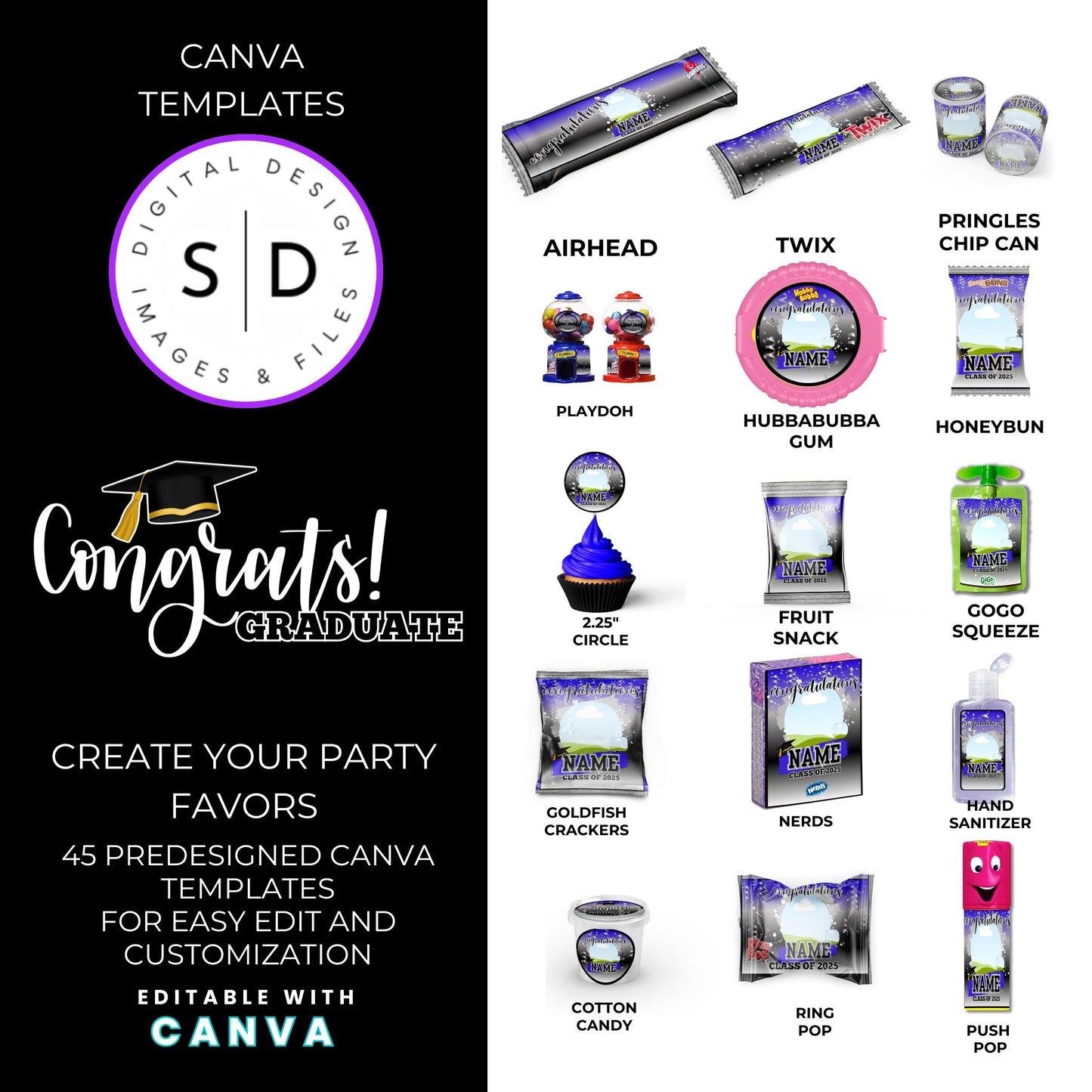 Class of 2025 Graduation Silver Party Favor Canva Template Bundle 🎓✨