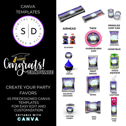 Class of 2025 Graduation Silver Party Favor Canva Template Bundle 🎓✨