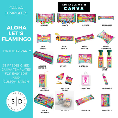 Aloha Let's Flamingo Birthday Party Favor Templates Bundle