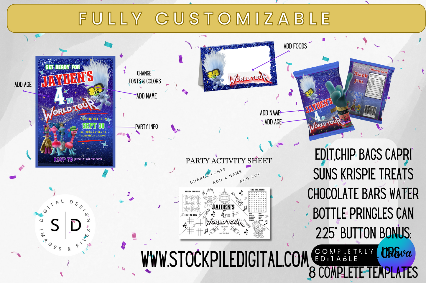 Trolls World Tour Birthday Party Templates Bundle