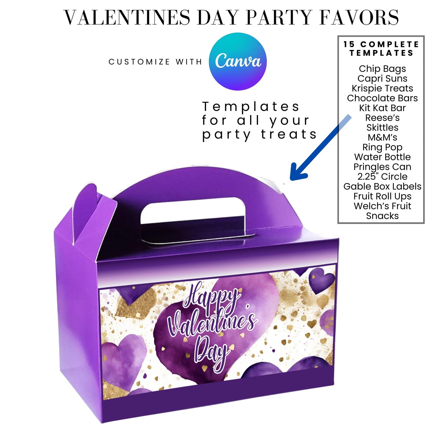 Purple Gold Valentines Party Favors Templates Bundle