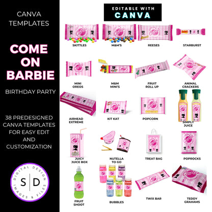 Come On Barbie Birthday Party Favor Templates