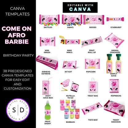 Come On Afro Barbie Birthday Party Favor Templates