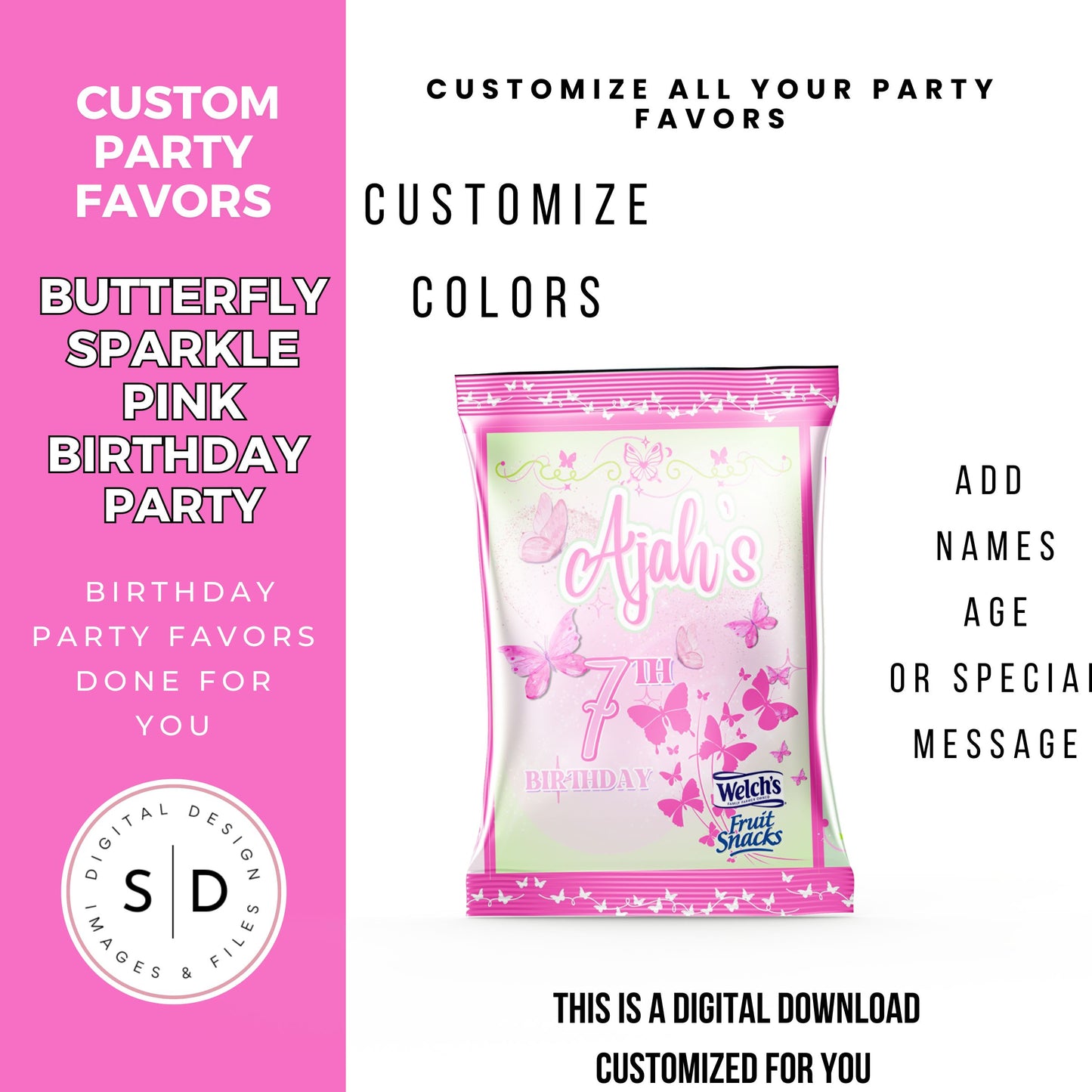 Butterfly Sparkle Pink Birthday Party Favors DFY