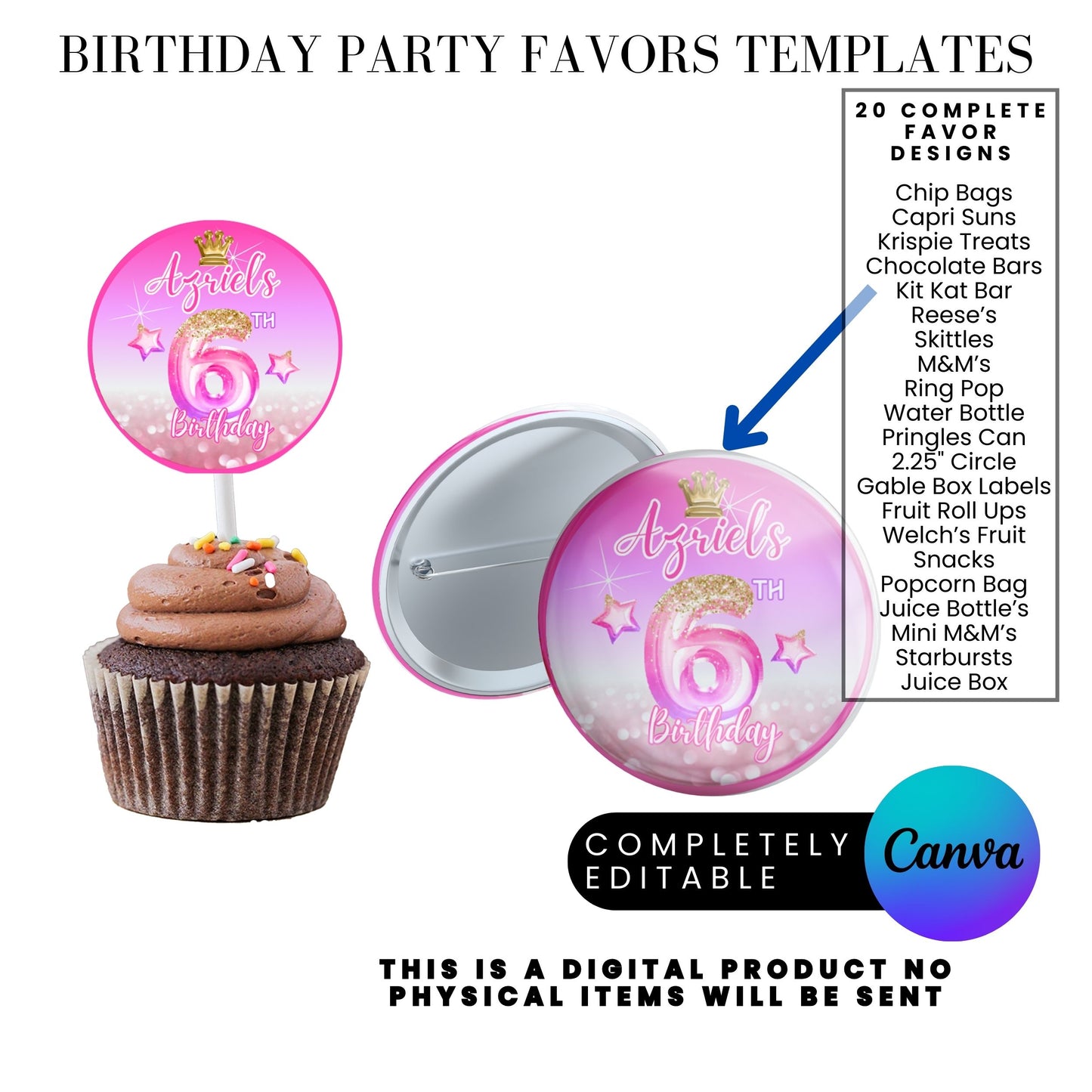 Pink Princess Glitter Birthday Party Favor Templates Bundle