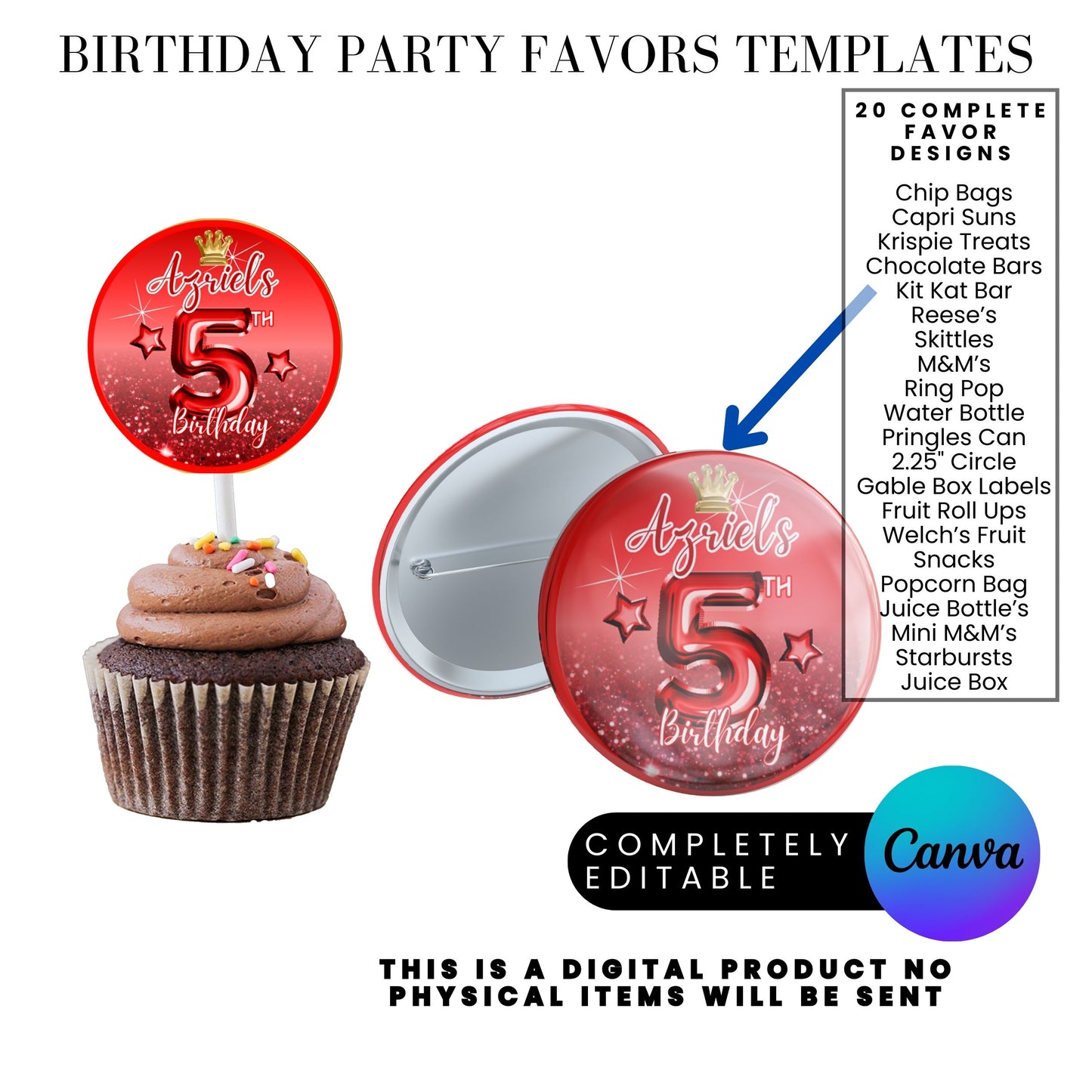 Red Princess Glitter Birthday Party Favor Templates Bundle