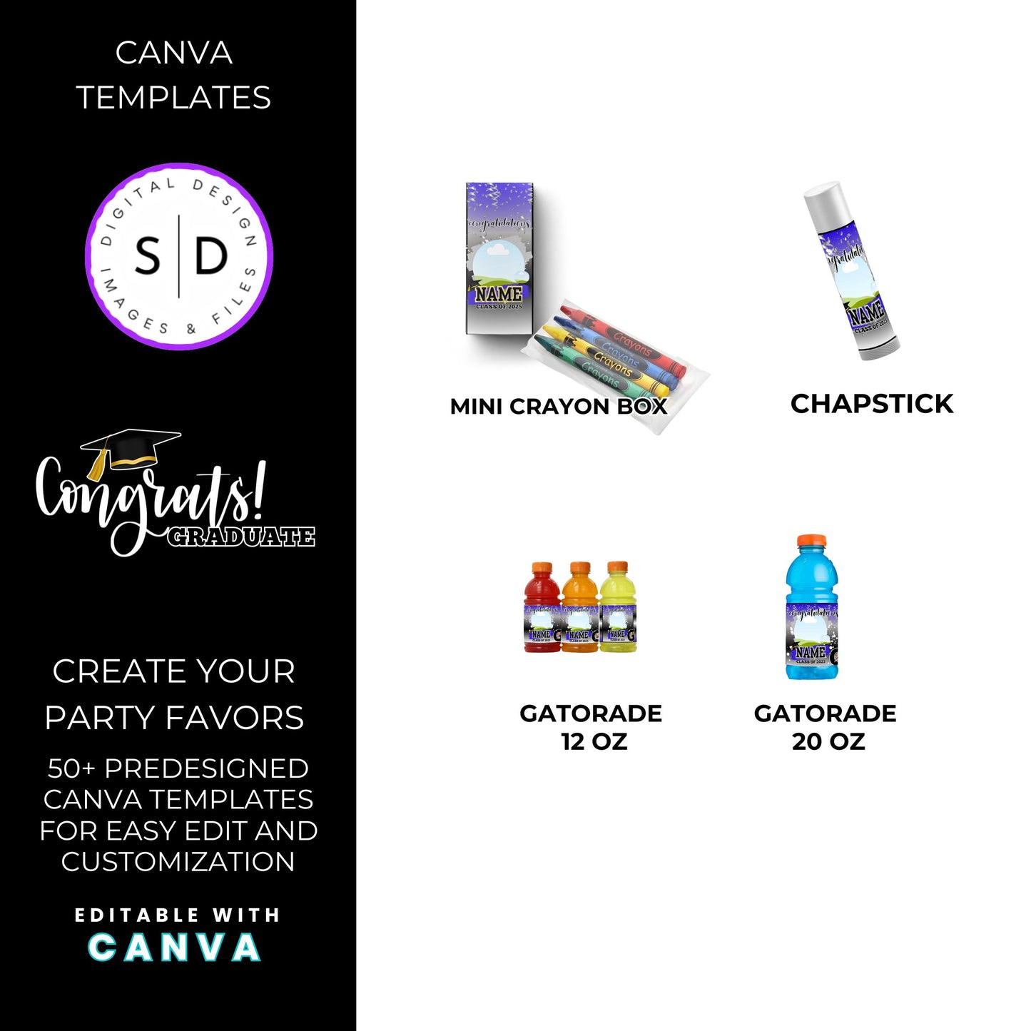 Class of 2025 Graduation Silver Party Favor Canva Template Bundle 🎓✨