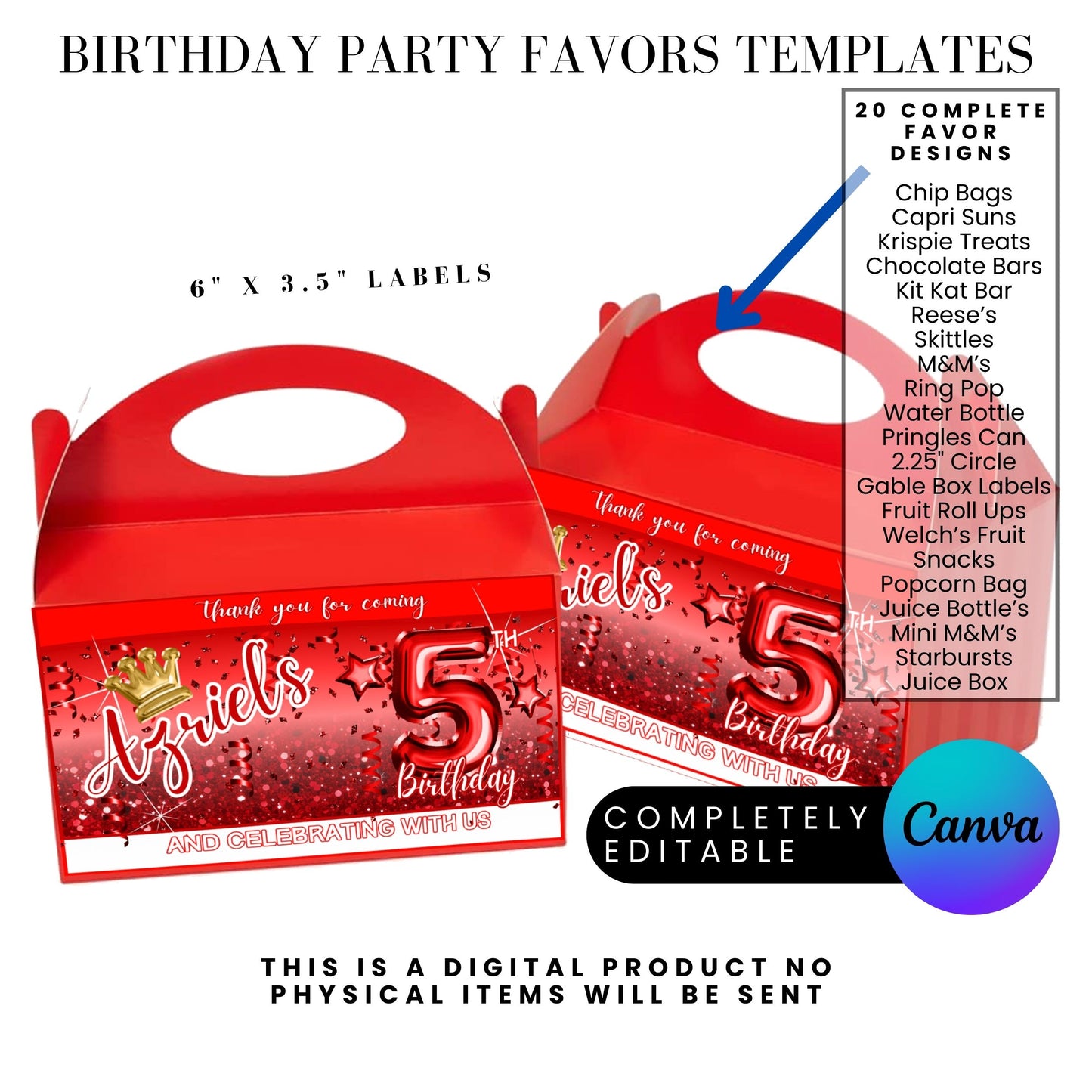 Red Princess Glitter Birthday Party Favor Templates Bundle