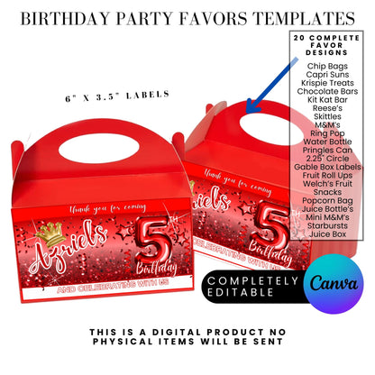 Red Princess Glitter Birthday Party Favor Templates Bundle