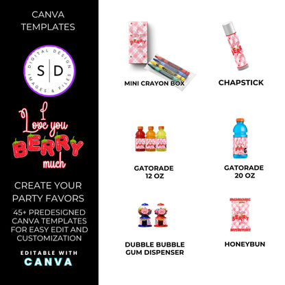 I Love You Berry Much Party Favor Canva Template Bundle