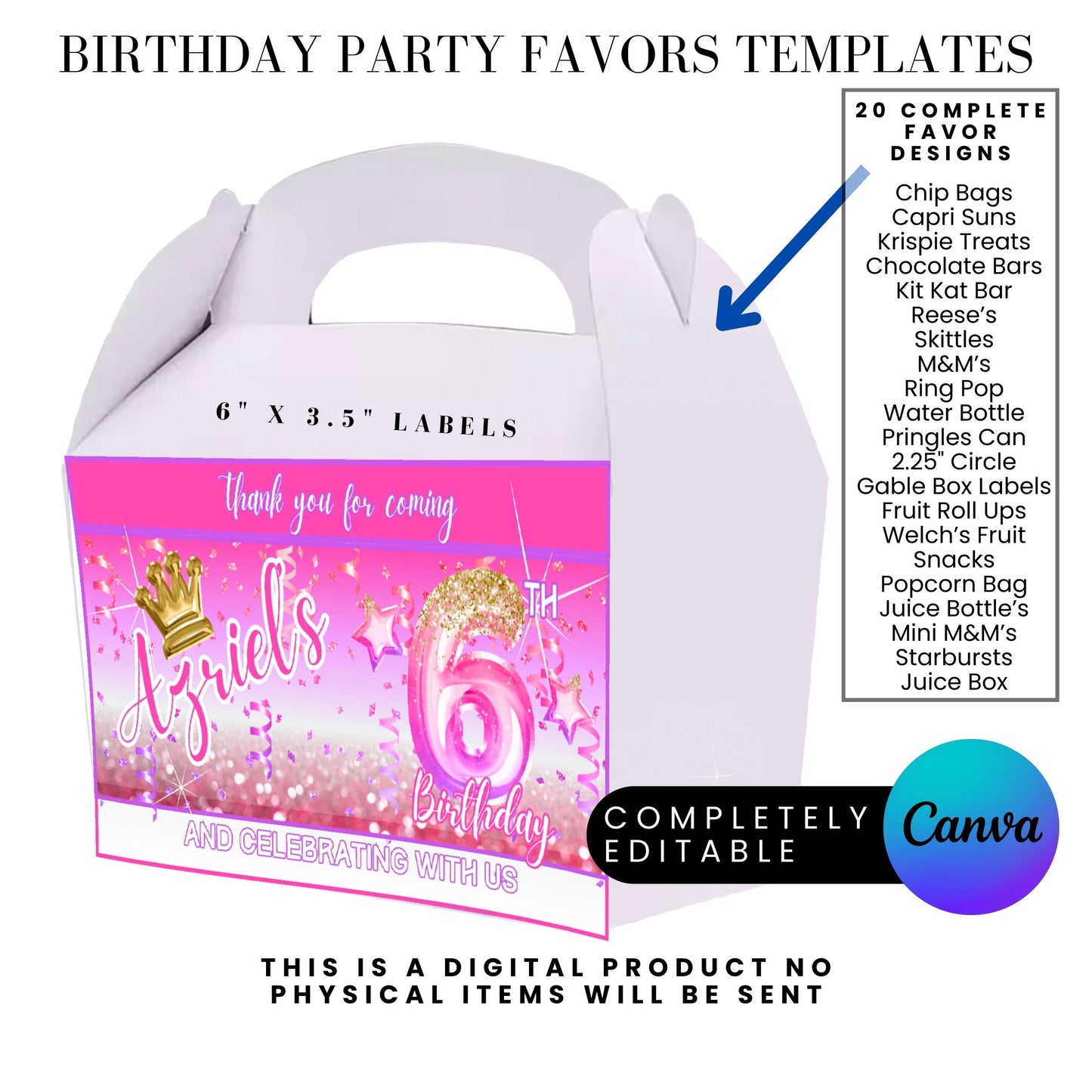 Pink Princess Glitter Birthday Party Favor Templates Bundle