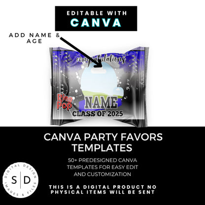 Class of 2025 Graduation Silver Party Favor Canva Template Bundle 🎓✨